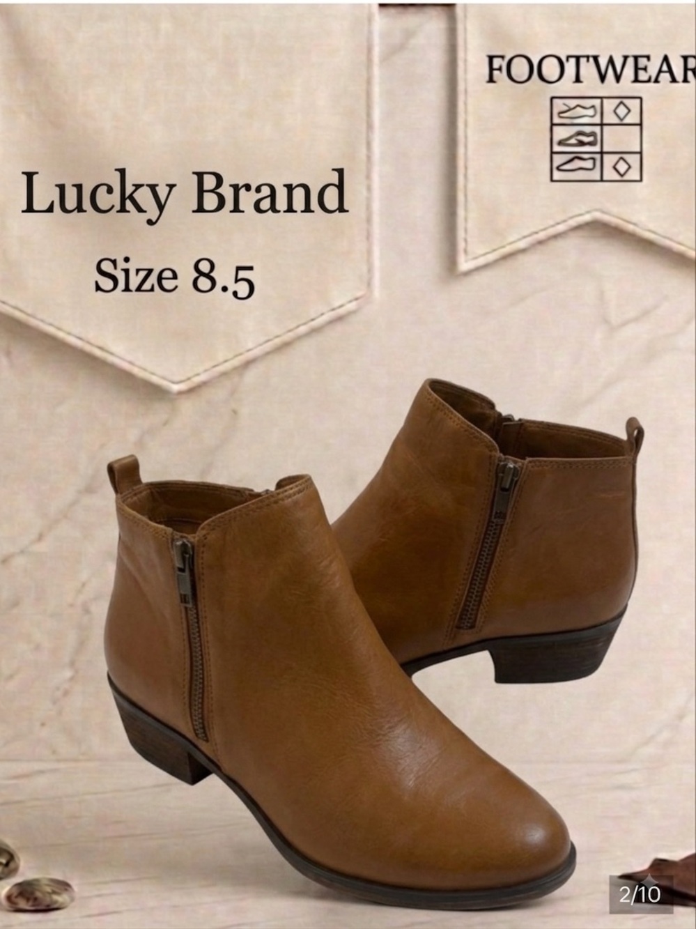 Lucky Brand Basel Cognac Leather Ankle Booties Side Zip Block Heel Size 8.5M